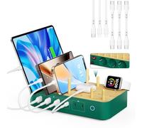 VisionSync Stazione di ricarica USB-C a 6 porte Bamboo da 60W per più dispositivi con 3 prese CA, 3 USB C, 3 USB A, cavo di alimentazione da 2m per lPhone, lPad, tablet... (6 cavi misti), Verde