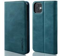 VISOUL Custodia per iPhone 11, resistente agli urti, in pelle bovina di prima qualità, con blocco RFID, scomparto per carte di credito, chiusura magnetica, funzione leggio, in pelle, compatibile con