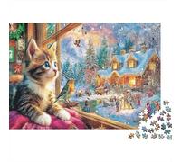 Vista del Gatto Invernale Carta spessa e resistente Gattino che osserva il villaggio invernale dalla finestra Puzzle per principianti regalo per bambini 70x50cm/1000 pezzi