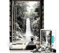Vista della cascata dalla biblioteca Puzzle giapponese da 1000 pezzi per adulti Gioco di logica Taglio di precisione Bordi lisci Regalo perfetto per riunioni di famiglia (50x75cm)