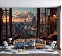 Vista Della Città Di Parigi Dalla Finestra Carta Da Parati Panoramica 350x256cm, Stile Illusione 3D Parati Seta, Colori Caldi Grandi Murali per Soggiorno Camera Da Letto Studio