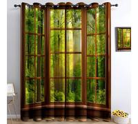 Vista Della Foresta Fuori Dalla Finestra Tende Oscuranti per Interni 2 Pezzi, Termiche Isolanti Anti-Rumore con Anelli oscuranti, per soggiorno cameretta dei bambini, Giallo-Verde, 150 x 166 cm
