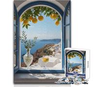 Vista di Santorini attraverso una finestra aperta, puzzle da 1000 pezzi per adolescenti, gioco di sviluppo del pensiero logico, ottimo regalo per momenti significativi, dimensioni 50x75cm