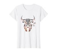 Vista Frontale Toro con Corna Lunghe Preparazione inseguire la Sua preda Maglietta con Stampa Grafica Economica, Donna, Bianco, XL