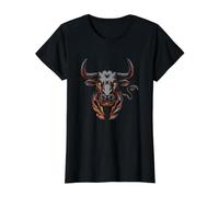 Vista Frontale Toro con Corna Lunghe Preparazione inseguire la Sua preda Maglietta con Stampa Grafica Economica, Donna, Nero, L