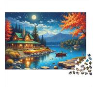 Vista Lago Accogliente Cabina 1000 Pezzi Puzzle per Adulti Cabina sul Lago in Notte Illuminata dalla Luna Stimolante Premium Spesso Robusto Vivace Antistress Decor Famiglia 52x38cm/1000pz