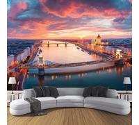 Vista Panoramica Dello Skyline Della Città Carta Da Parati - Ponte Delle Catene Edifici Adesivo Tessuto Di Seta Murale,Per Camera Da Letto Soggiorno Sala Da Pranzo 400L × 280A Cm,Rosso