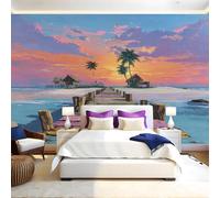 Vista Sul Mare Al Tramonto Carta da Parati Murale Ponte di legno acquerello Foto Wallpaper 450x315 cm Grande Murale TNT Fotomurali Decor da Muro Poster per Camere da Letto Cucine Soggiorni Bambini