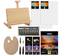 VISWIN Kit Pittura Olio Base con Cavalletto da Tavolo in Legno di Faggio, Kit Completo con Pennelli, Tela, Coltello, Blocco da Disegno, Set Pittura per Adulti, Bambini e Artisti