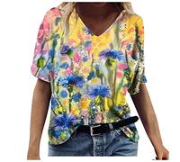 Vita Scollo a V T-shirt T-shirt manica snapp Abbigliamento estivo stampato casuale camicie corte signore estate, giallo., S