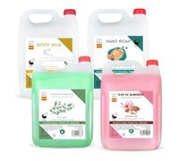 Vitacab - Set 4 x 5 L: Gel Doccia ai Fiori di Mandorlo + Shampoo Eucalyptus Experience + Body Milk con Aloe Vera + Sapone Mani Senza Profumo • Ricariche per Dispenser • Cura Completa