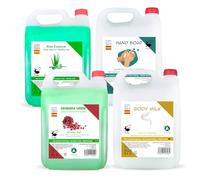 Vitacab - Set 4 x 5 L: Shampoo Aloe Essence + Gel Doccia al Melograno + Sapone Mani Senza Profumo + Body Milk con Aloe Vera e Olio di Mandorla • Ricariche Professionali per Dispenser