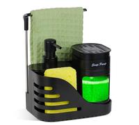 VITACHY Organizer Lavello Cucina Nero - Dispenser Sapone 4 in 1 per Piatti e Mani, Porta Spugna e Asta per Straccio - Set Accessori Lavandino Salvaspazio Antiruggine