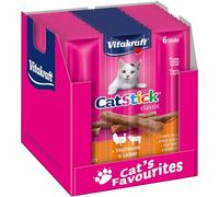 Vitakraft Cat Stick Classic, snack gatto, bastoncino con carne, con tacchino e agnello, confezione scorta, senza zuccheri aggiunti (10x 36g)