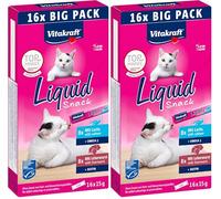 Vitakraft Liquid Snack, golosità per gatto, snack gatto cremoso, con patè di fegato e biotina, con salmone e omega 3, in bustine singole, 1 confezione scorta (16 x 15g) (Confezione da 2)