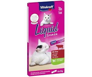 Vitakraft Liquid Snack, snack gatto liquido, leccornie per gatti, con manzo ed erba gatta, a supporto di una flora intestinale sana, a basso tenore calorico (1 confezione con 6x 15g)