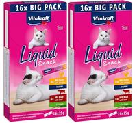 Vitakraft Liquid Snack, snack gatto, snack gatto cremoso, con manzo, con pollo, in bustine singole, 1 confezione scorta (16x 15g) (Confezione da 2)