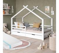 VitaliSpa Letto a casetta Luni 200x90 cm, letto per bambini bianco a forma di casetta, con 2 cassetti portaoggetti, materasso e rete a doghe, in legno di pino