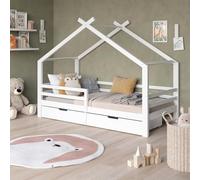 VitaliSpa Letto a casetta Luni 200x90 cm, letto per bambini bianco a forma di casetta, con 2 cassetti portaoggetti e rete a doghe, in legno di pino