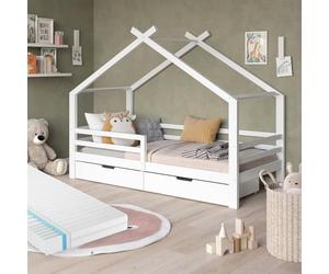 VitaliSpa Letto a casetta Luni 200x90 cm, letto per bambini bianco a forma di casetta, con 2 cassetti portaoggetti, materasso e rete a doghe, in legno di pino