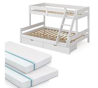 VitaliSpa Letto a castello Everest, Bianco, 140x200 / 90x200 cm con 2 materassi e 2 cassetti, con scala integrata e sistema di doghe stabile