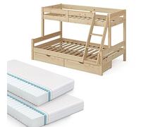 VitaliSpa Letto a castello Everest, Legno, 120x200 / 80x200 cm con 2 materassi e 2 cassetti, con scala integrata e sistema di doghe stabile