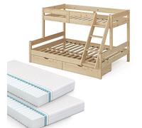 VitaliSpa letto a castello Everest, Legno naturale, 140x200 / 90x200 cm con 2 materassi e 2 cassetti