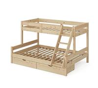 VitaliSpa Letto a castello Everest, Legno naturale, 140x200 / 90x200 cm con cassetti, con scala integrata e sistema di doghe stabile