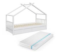 VitaliSpa Letto montessori bambini Design, Bianco, 90x200 cm con 2 cassetti e materasso, con sponda anticaduta e rete a doghe per un sonno sicuro