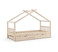 VitaliSpa Letto montessori bambini Design, Legno naturale, 90x200 cm con letto per ospiti, con sponda anticaduta e rete a doghe per un sonno sicuro