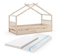 VitaliSpa Letto montessori bambini Design, Legno naturale, 90x200 cm con letto per ospiti e 2 materassi, con sponda anticaduta e rete a doghe per un sonno sicuro