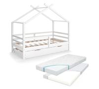 VitaliSpa Letto montessori bambini Luni, Bianco, 160 x 80 cm Con letto ospite estraibile e materassi, come una piccola casa per un'atmosfera calda