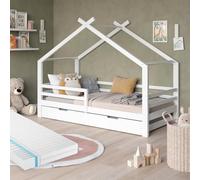 VitaliSpa Letto montessori bambini Luni, Bianco, 200 x 90 cm con letto e materasso per ospiti, come una piccola casa per un'atmosfera calda