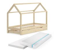 VitaliSpa Letto montessori bambini Wiki, Legno naturale, 90x200 cm con letto per ospiti e 2 materassi, in legno massello con protezione anticaduta e rete a doghe