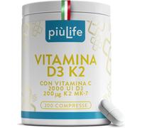 Vitamina D3 K2 Mk7 Con Vitamina C Piùlife, 200 Compresse, 1 Al Giorno, Vit D3 20