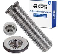 Vite cava universale per valvole con filtro a cestello, vite M12 x 1.75 x 45, lunghezza 45 mm, filettatura Ø 12 mm, testa Ø 13 mm, interno Ø 8 mm, adatta per scarichi a valvola da 1.5" e 3.5" pollici