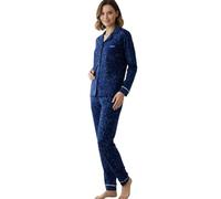 Viterbo Biancheria Pigiama Donna Caldo Cotone Interlock Abbottonato con Bottoni LWW00123 Manica Lunga Pantalone Lungo Autunno Inverno (Blu, L)