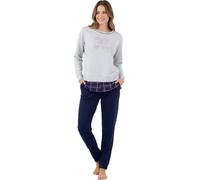 Viterbo Biancheria Pigiama Donna Caldo Cotone Interlock LWW00122 Manica Lunga Pantalone Lungo Autunno Inverno (Grigio Mel Chiaro/Blu, L)