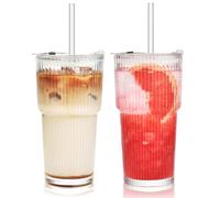 VITEVER 2 bicchieri in vetro a coste da 600 ml, con coperchio e cannuccia, bicchieri da caffè freddo, set da long drink, design ermetico e impermeabile, ideali come caffè