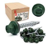 Viti autofilettanti 4,8 x 20 mm per metallo Verde ossido di cromo RAL 6020, 250 pezzi viti autoperforanti con rondella acciaio lamiera zincata, autoforanti lamiere grecate e pannelli tetto Lun Fix