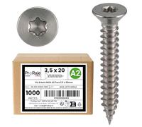 Viti per legno INOX A2: 3,5 x 20 mm | Testa svasata impronta TORX (TX) | Acciaio inossidabile A2 (V2A/AISI 304) | costruzione/truciolato/terrazzo/ecc: set di 1000 pezzi - ProRaje