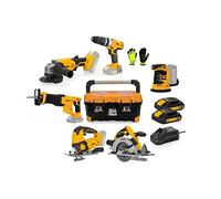 VITO - Confezione di 6 strumenti senza fili VITOPOWER 20 V: Trapano/avvitatore a percussione, sega a percussione, circolare, sciabola, smerigliatrice 115 mm, levigatrice orbitale + 2 batterie da 2,0