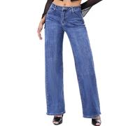 vittorio y Jeans Donna Larghi Vita Alta - Jeans Baggy Donna in Denim Elasticizzato, Modello Comfort con Taglio Alto e Gamba Larga, Tasca Laterale (IT, Testo, L, Regular, Regular, Blu)