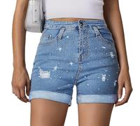 vittorio y Pantaloncini Donna Jeans Vita Alta con Glitter Bermuda Donna Denim Shorts Elasticizzati (IT, Testo, L, Regular, Regular, Denim) (IT, Testo, L, Regular, Regular, Blu Denim)