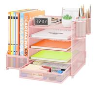 VITVITI Organizer Scrivania, 5 Livelli Portadocumenti con 2 Portariviste, Ufficio Accessori con 2 Portapenne, Organizer Ufficio con Cassettiera, Accessori Scrivania per Riviste, Casa, Scuola (Rosa)