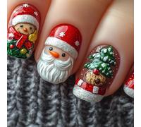 Viugex 24 pezzi Natale francese unghie finte corte quadrate artificiali unghie da incollare con Babbo Natale pupazzo di pan di zenzero, copertura completa in acrilico per le donne fai da te manicure