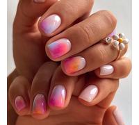 Viugex 24 pezzi Press on Nails Corto Rettangolare Dopamina Arcobaleno Unghie Artificiali Naturali Francesi Da Applicare, Lucide Copertura Completa Unghie Acriliche Unghie Finte per Donne Nail Art