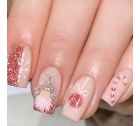 Viugex 24 pezzi rosa unghie finte Natale corte, quadrate, punte per unghie acriliche, bastone di Natale, nastro pressato su unghie, glitter copertura completa artificiale per le donne