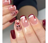 Viugex 24 Pezzi Unghie finte, Francese Corte, Rosa e Rosso, Press on Nails, Renna Adorabile Unghie False, Cappello di Natale Acrilico Copertura Completa Punta per Unghie per Donne