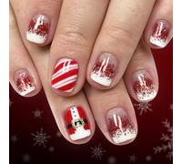 Viugex 24 unghie finte natalizie a pressione, colore rosso e bianco, sfumate corte, quadrate, con strisce glitterate, con colla gelatina, copertura completa in acrilico, per donne, decorazioni per le